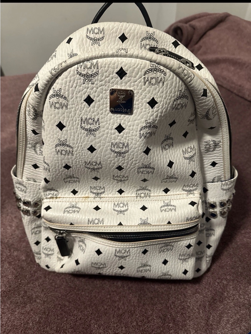 Mcm White Leather Logo Print Mini Backpack With Black Accents
